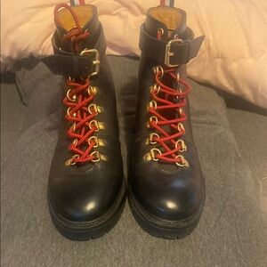 Urban outfitters Black Leather Ankle Boots with Red Laces size 7. Never worn.